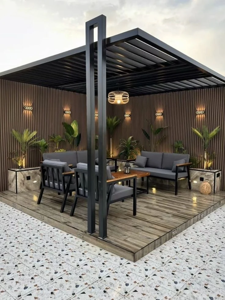 Steel pergola and seating area
