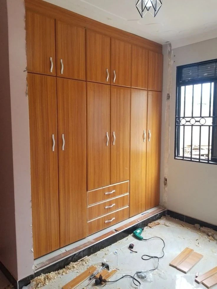 Timber-finish built-in wardrobe